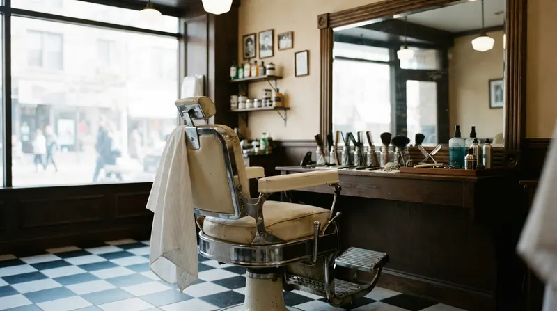 An empty vintage cream and chrome barber chair facing a large mirror in a quiet barbershop with a checkered floor and morning light through the window