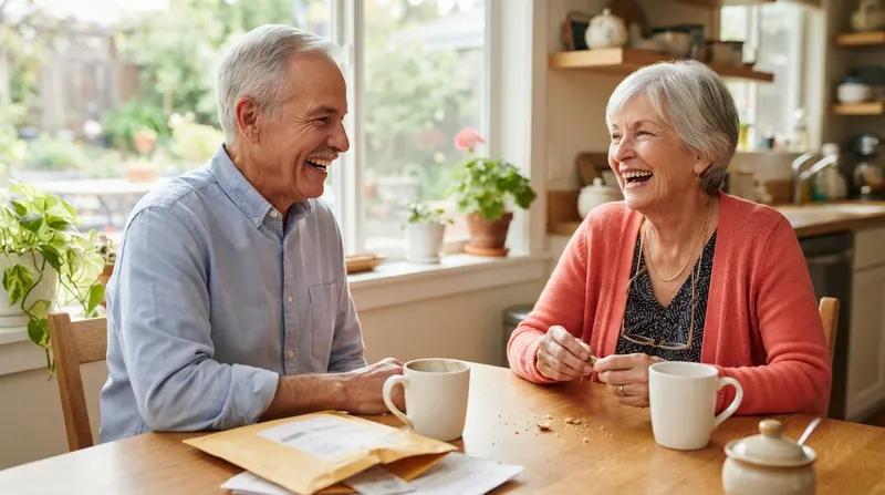 An older brother and sister in their late sixties and seventies laughing together at a kitchen table with coffee mugs and an opened envelope between them