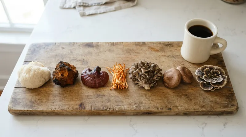 Seven different mushrooms arranged in a row on a wooden cutting board, including a shaggy white lion's mane, a chunk of dark chaga, a glossy red-brown reishi and a striped turkey tail