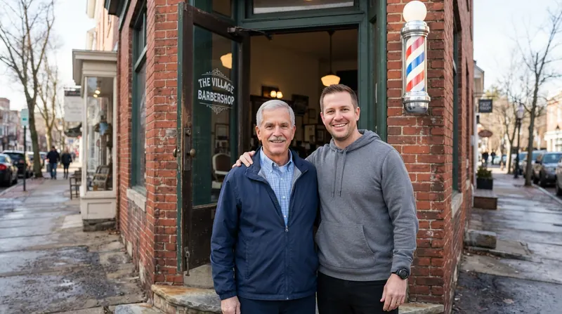 An older man with a gray mustache and his grown son standing together in the doorway of a corner barbershop beside a striped barber pole, smiling