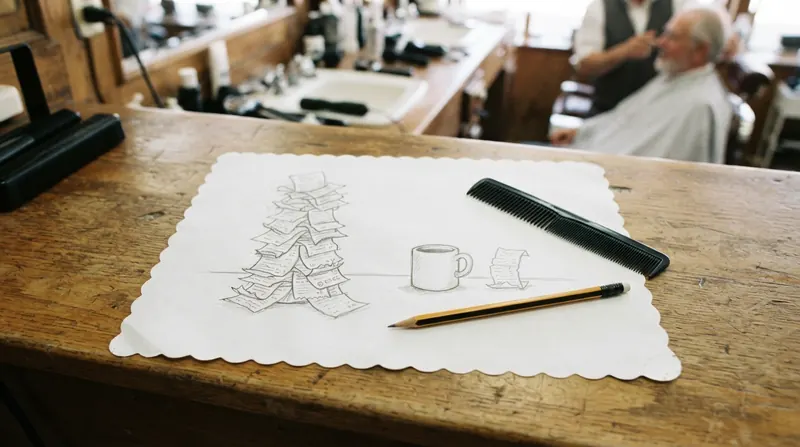 A pencil sketch on a paper diner placemat of a tall stack of small receipts beside a single diner mug, with a black comb resting on the placemat