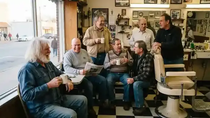 Seven older men in their seventies drinking coffee from white diner mugs and laughing together in an old barbershop in early morning light, slow zoom