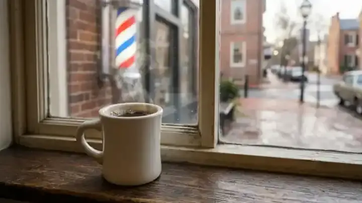 Steam rising from a thick white diner mug of coffee on a barbershop windowsill with a barber pole and a city street outside in early morning light, slow zoom