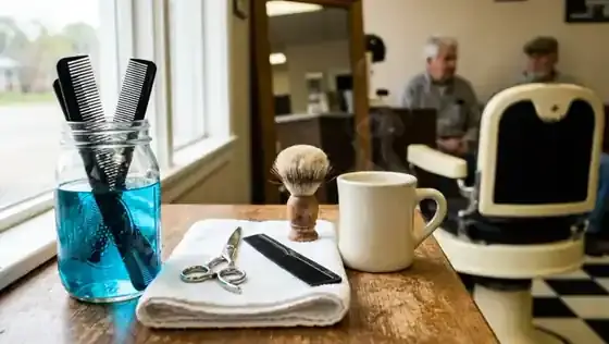 A barber's counter with black combs standing in a jar of blue disinfectant, a pair of scissors, a straight-edge comb and a thick white diner coffee mug