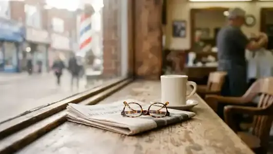 A folded newspaper, a pair of reading glasses and a thick white diner mug of coffee on a barbershop windowsill in early morning light