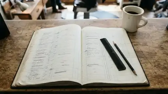 An open appointment book on a barbershop counter with pencil marks in columns, a black comb and a white diner mug beside it