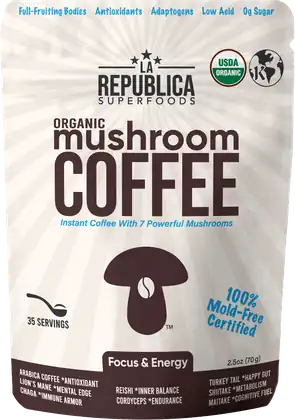The La Republica Organic Mushroom Coffee stand-up pouch, cream with brown lettering and a mushroom logo, 35 servings